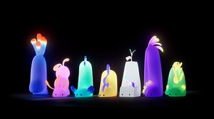 Bunt leuchtende Wesen auf schwarzem Hintergrund