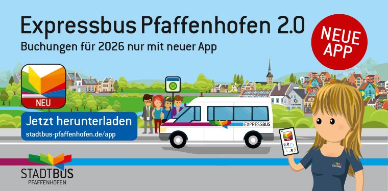 Stadtbus-Illustration auf Straße, im Hintergrund Pfaffenhofen, rechts eine Frau mit Handy in der Hand