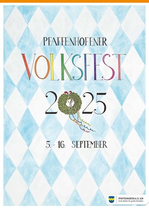 Volksfestplakat 2025: blau-weiße Rauten mit buntem Schriftzug und Hopfenkranz