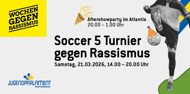 Fußballer in schwarz-weiß, Logo gelb-schwarz der Wochen gegen Rassismus, Jugendparlament-Logo und Text