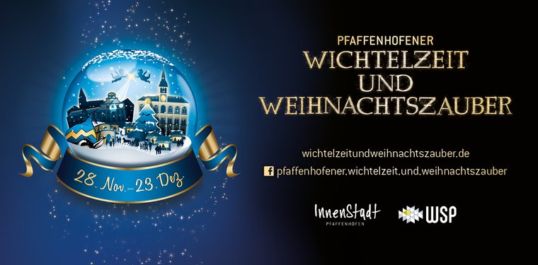 Schneekugel mit Rathaus, Schnee und Christbäumen neben Schriftzug "Wichtelzeit und Weihnachtszauber"