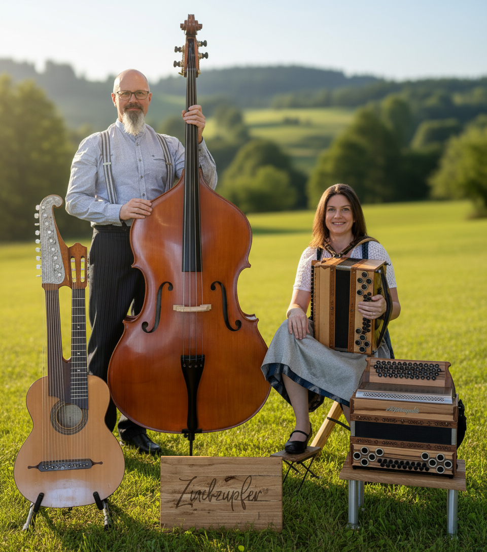 Duo mit Instrumente nauf einer Wiese