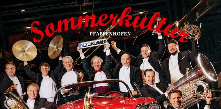 Foto von Band Blechschaden mit rotem Auto in der Mitte, Überschrift "Sommerkultur"