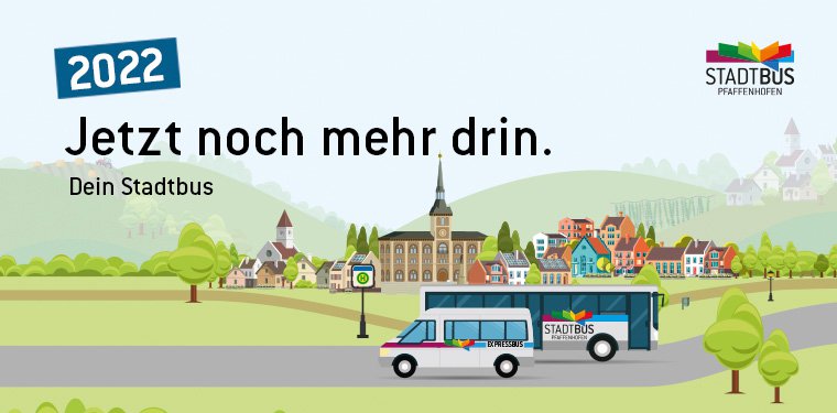 Stadtbus Logo: Zeichnung mit BUssen, Stadt und Landschaft