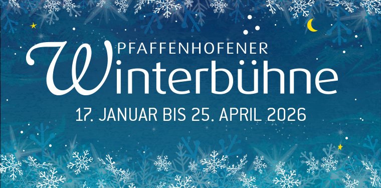 Winterbühne-Logo, blauer Hintergrund mit Schneeflocken