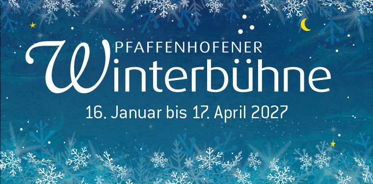 blauer Hintergrund mit Schneeflocken, Schrift: Pfaffenhofener Winterbühne, 16. Januar bis 17. April 2027